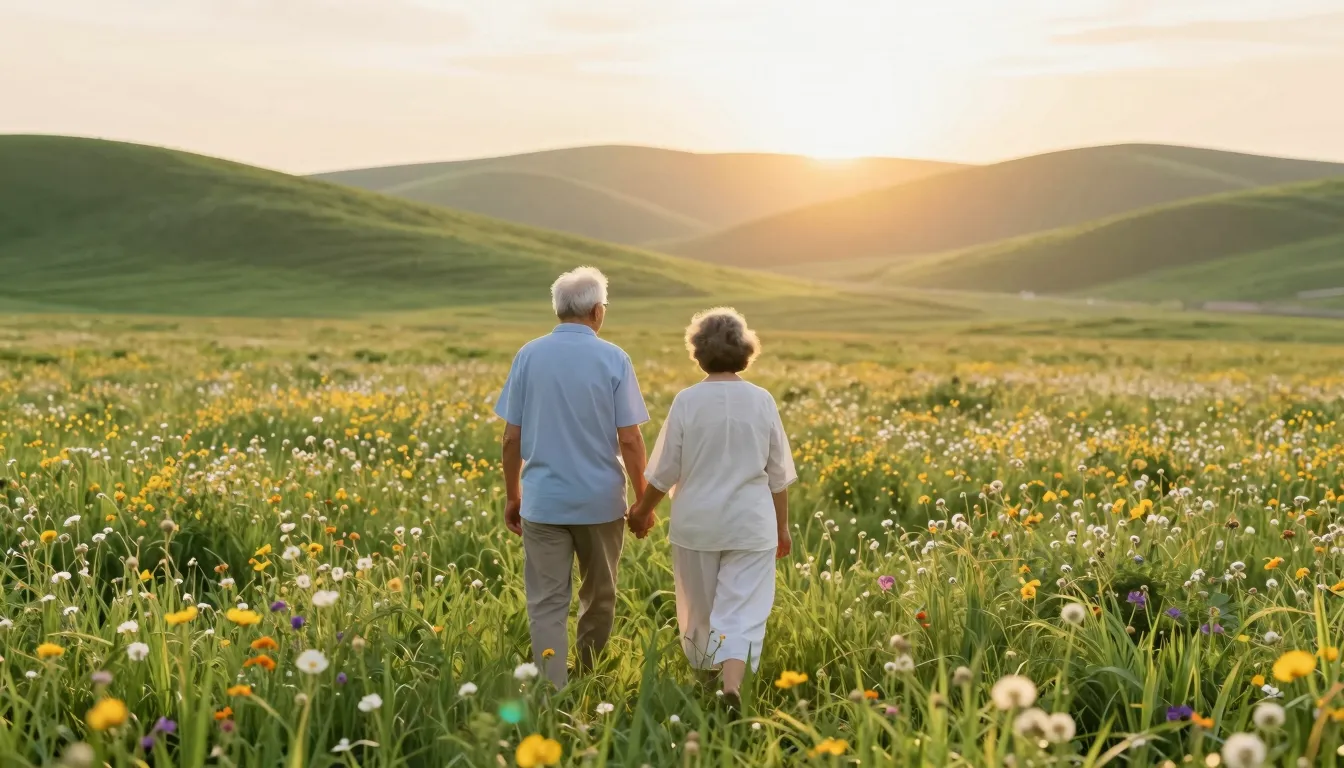 A serene and ethereal scene of an elderly man and woman walk...