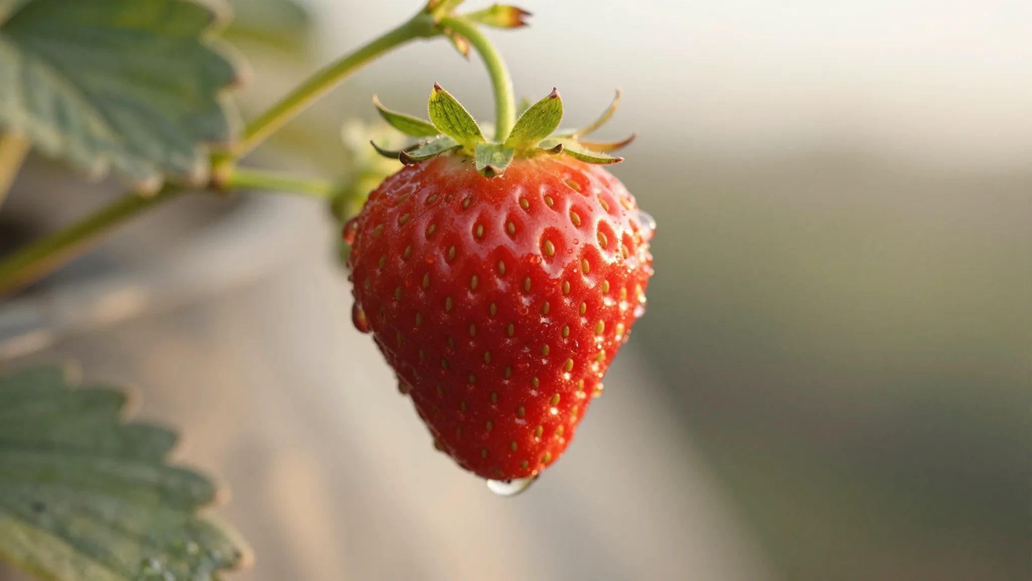 A beautiful ripe strawberry on a branch with dew drops, soft...