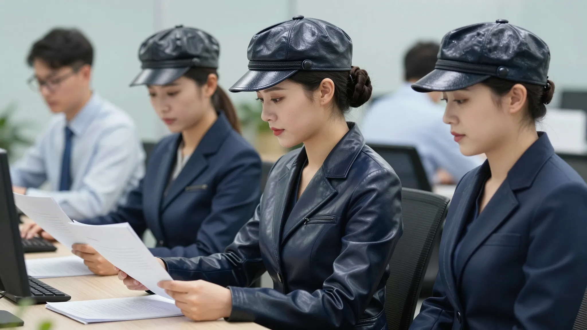 Side view from the left, two identical stylish Chinese women...