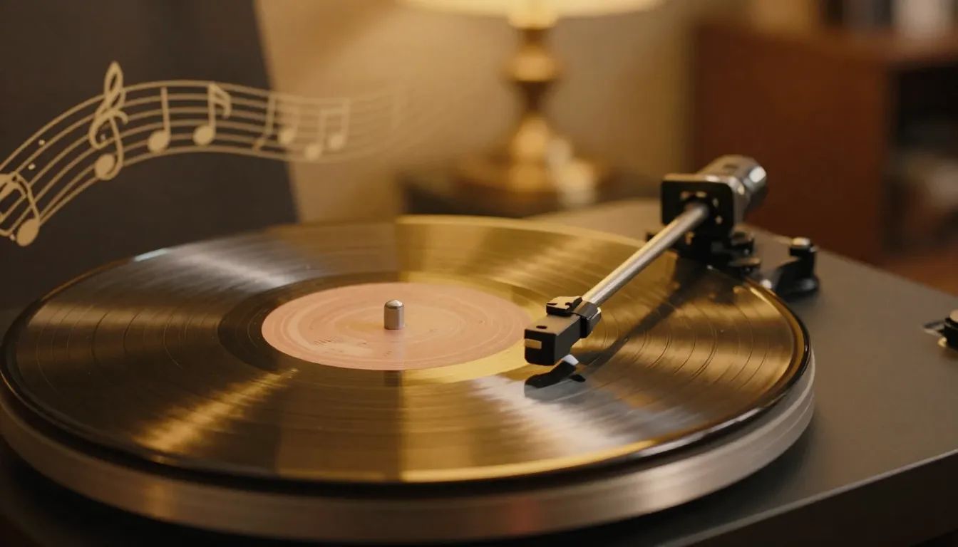 Close-up of a vintage vinyl record player spinning a gold re...
