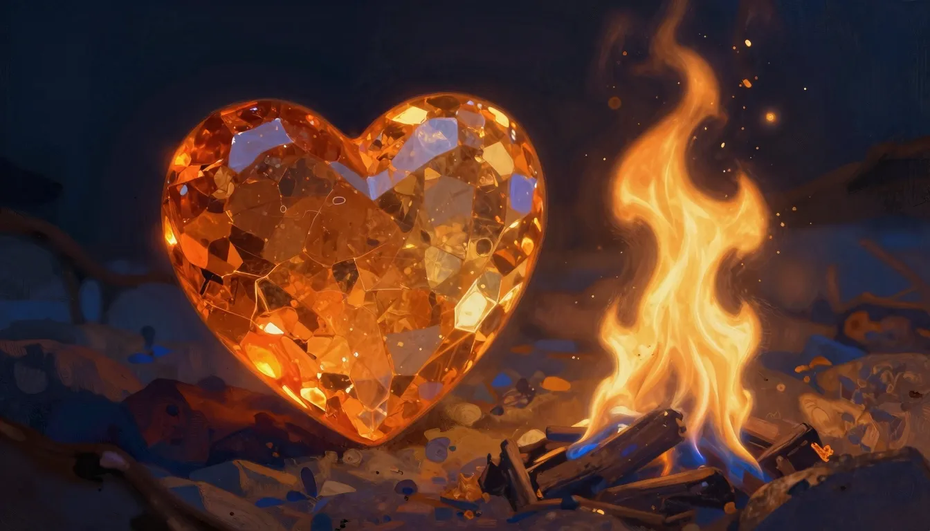 A warm glowing amber stone shaped like a heart and a bright ...