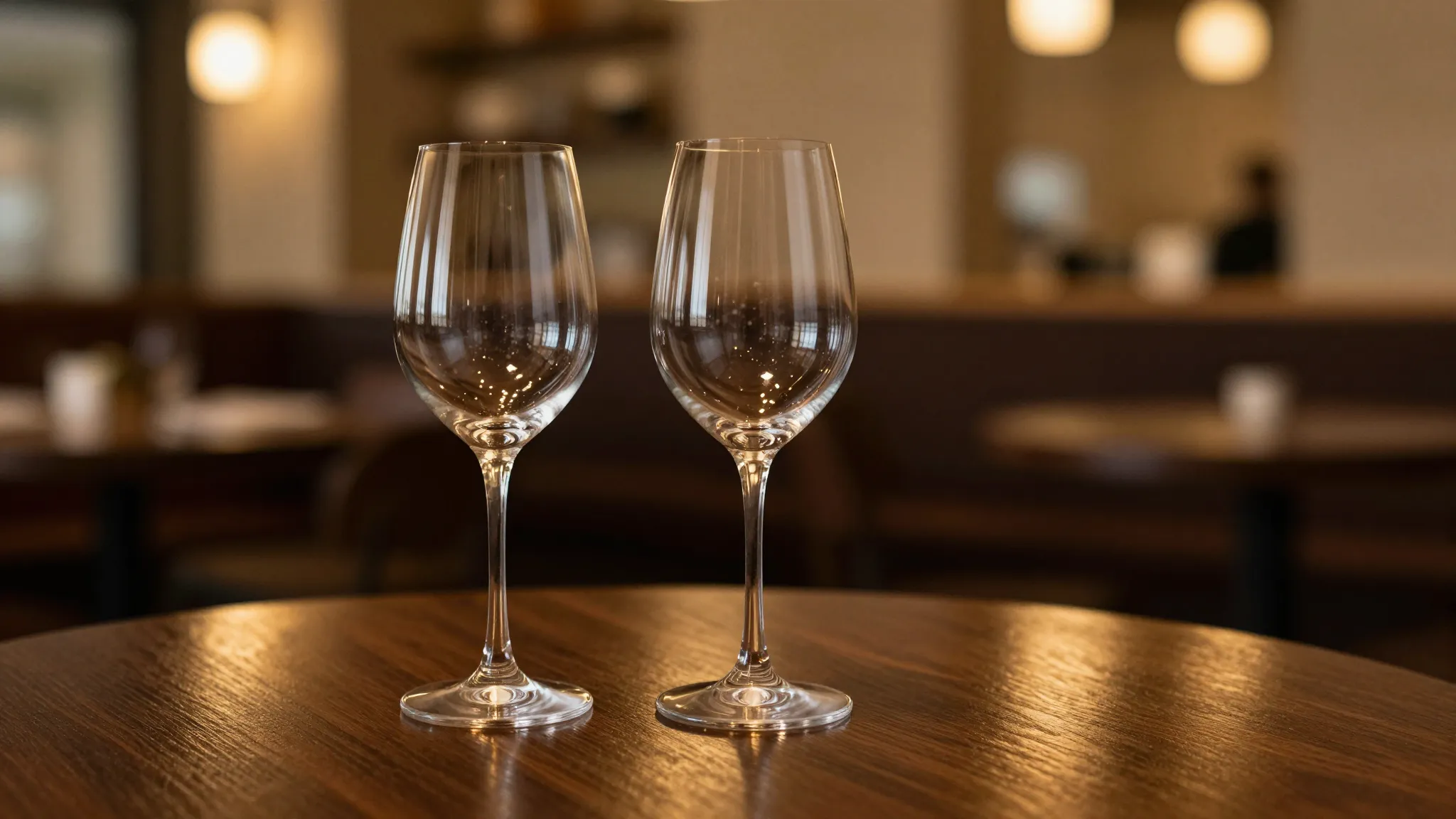 Two elegant wine glasses on a dark wooden table, blurred bac...