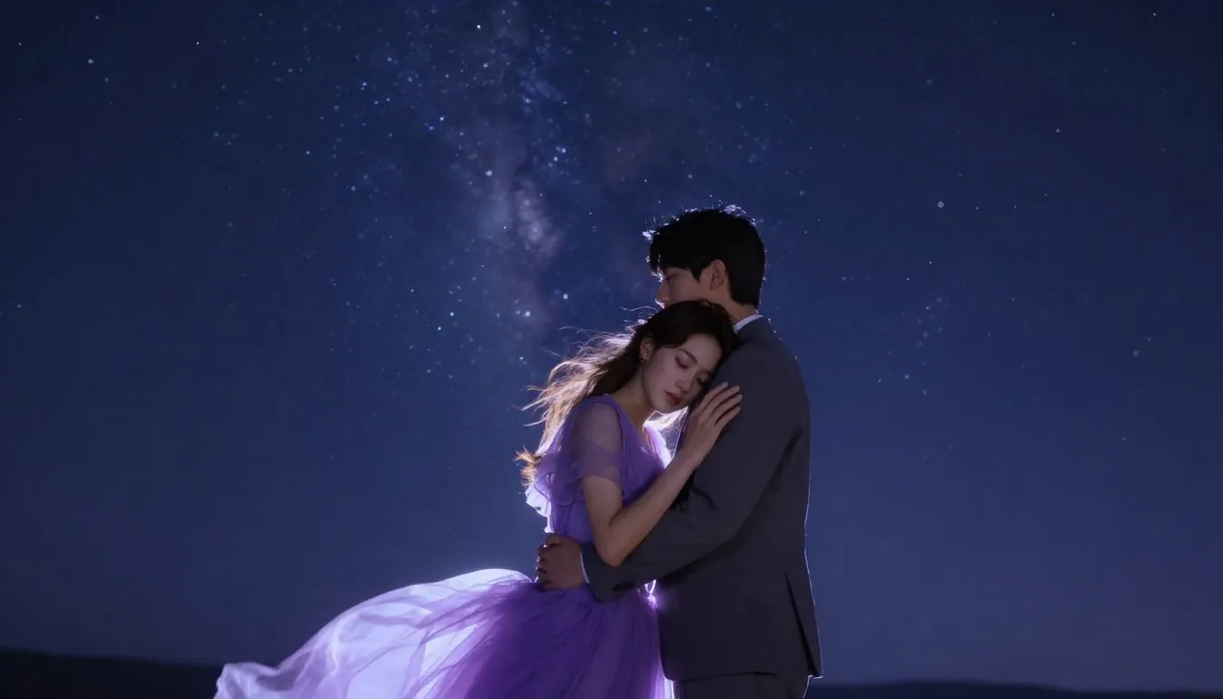 A tender moment between a couple under a vast starry sky, th...