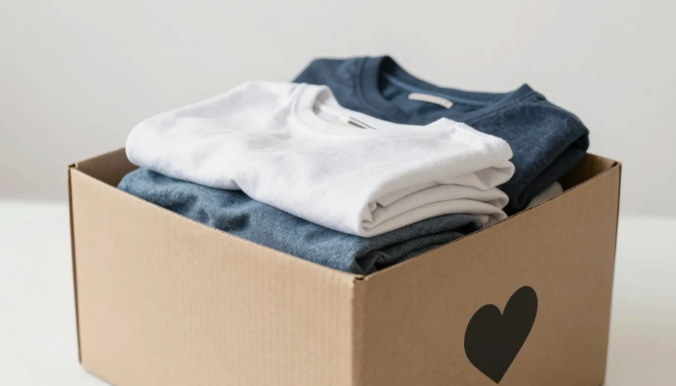 A cardboard box full of neatly folded clothes with a heart i...