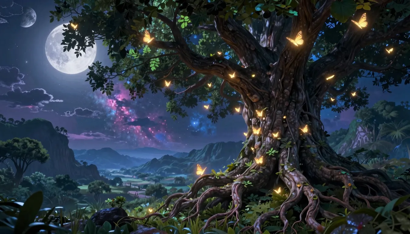 A giant ancient tree with glowing roots and branches, every ...