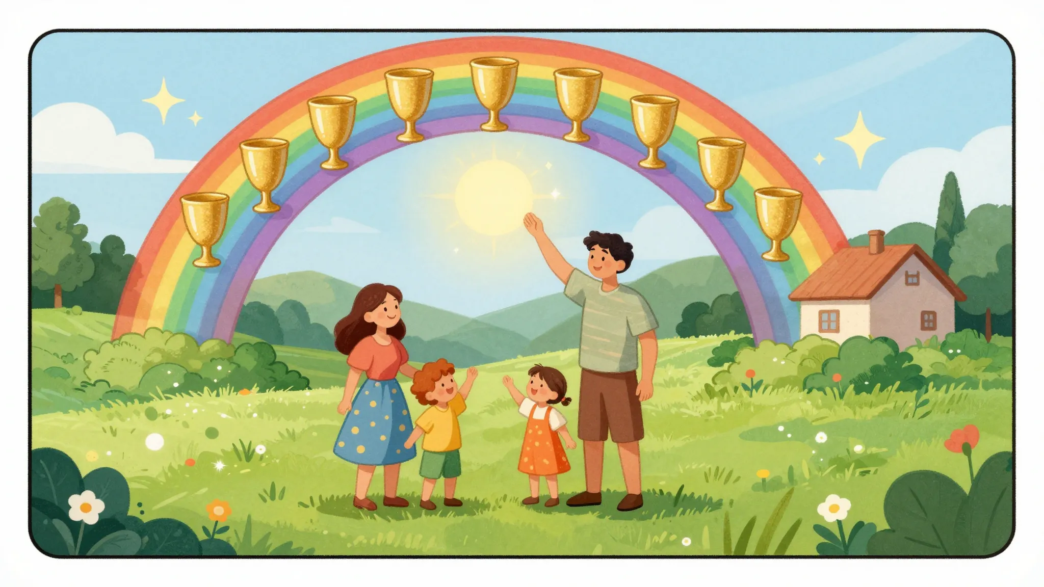 A vibrant tarot card illustration showing a happy family und...