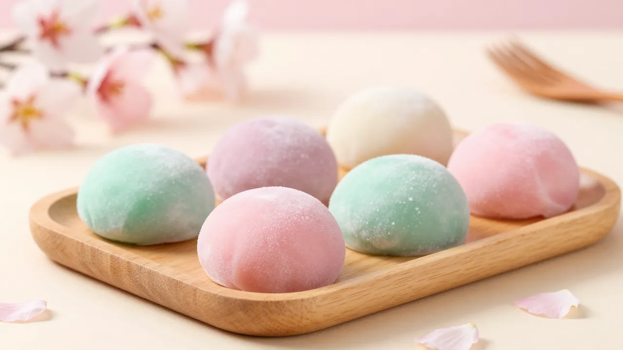 A variety of colorful mochi cakes arranged beautifully on a ...