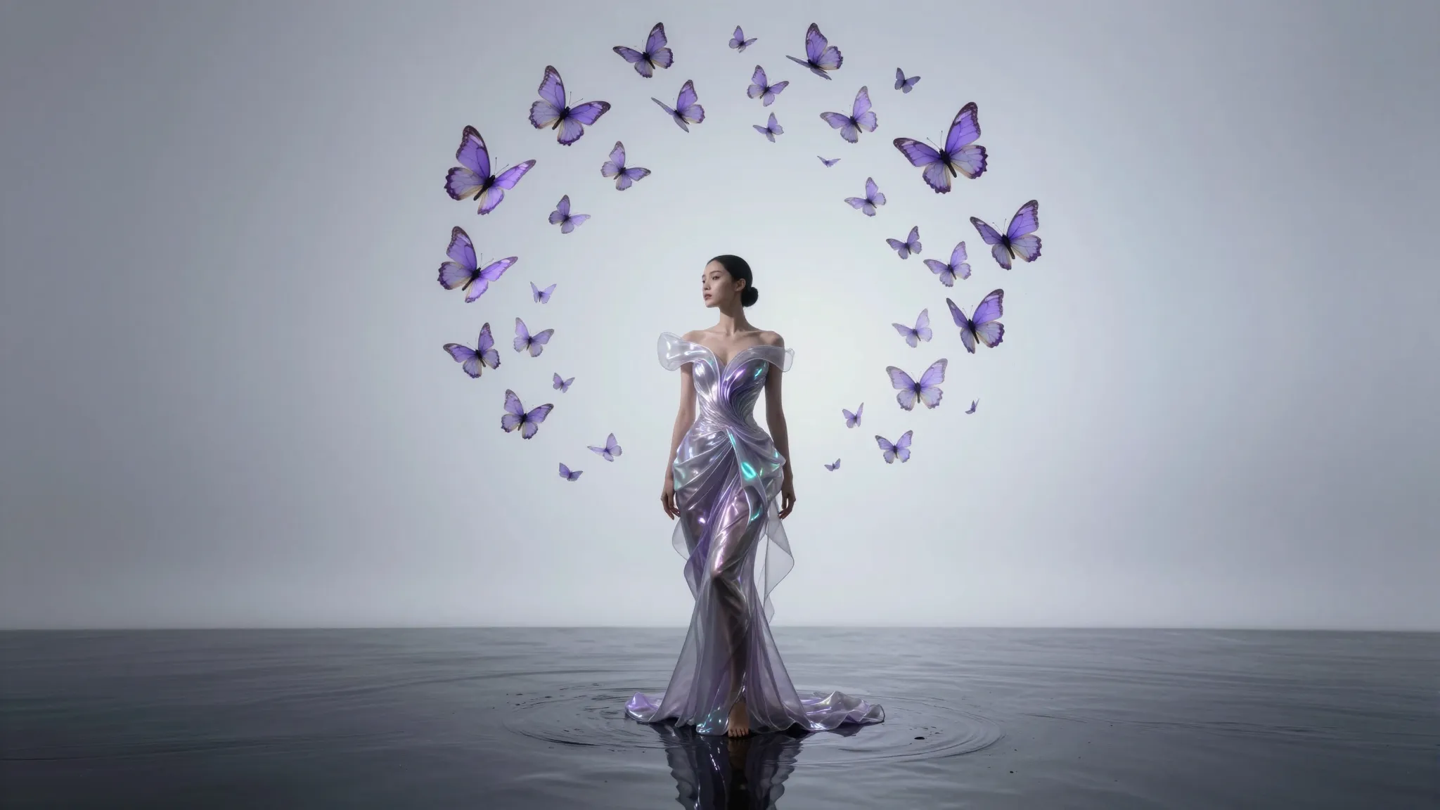 A high-fashion shot of a woman with a serene expression stan...
