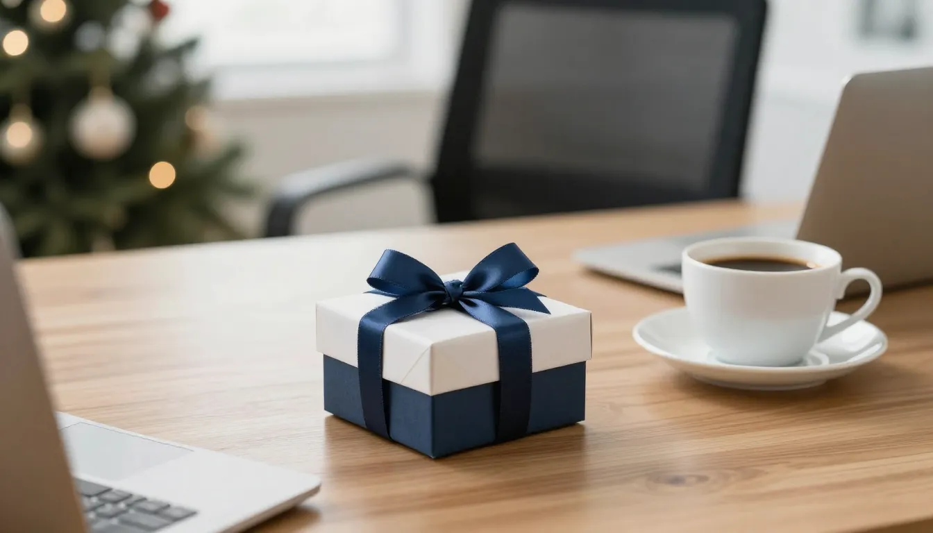 A stylish office setting with a festive atmosphere, a small ...