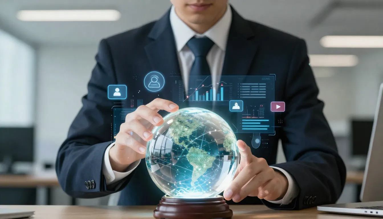 A modern wizard in a stylish suit looking into a glowing cry...