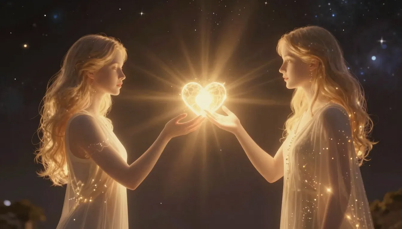 Two ethereal souls represented as glowing silhouettes of lig...