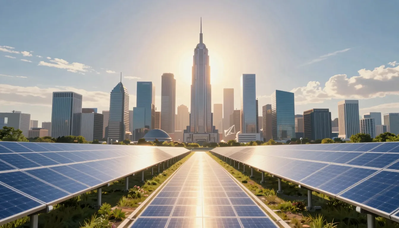 A futuristic city skyline with clean energy, a glowing path ...