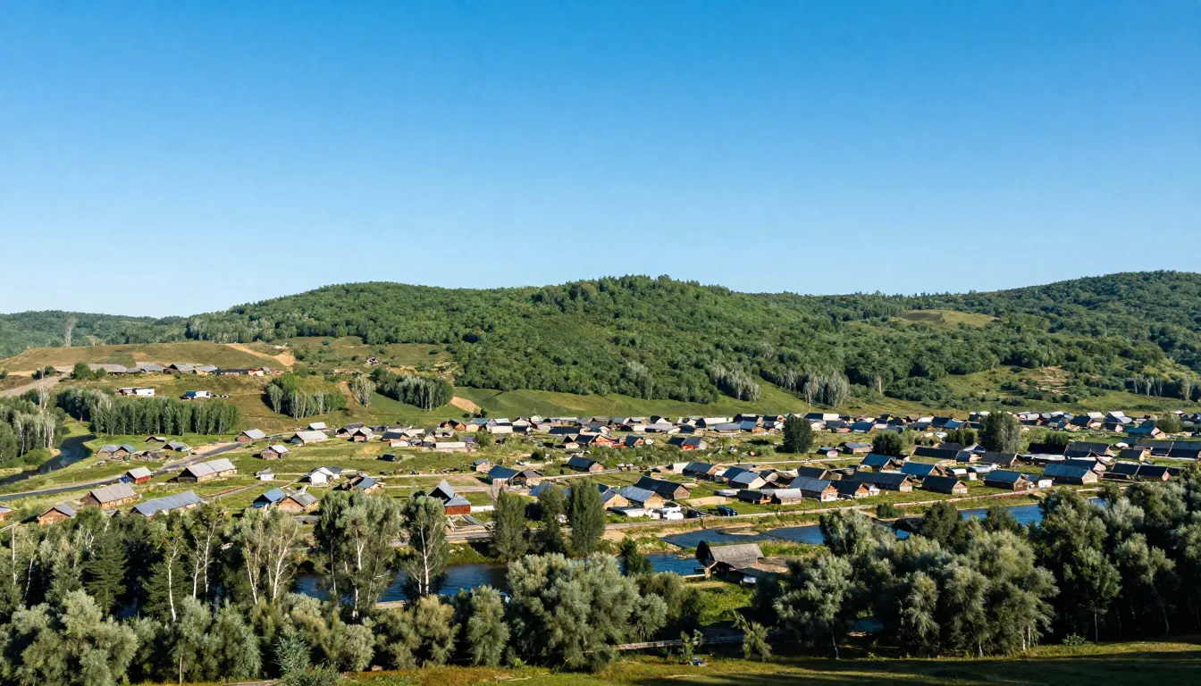 A scenic landscape of a countryside settlement near a forest...