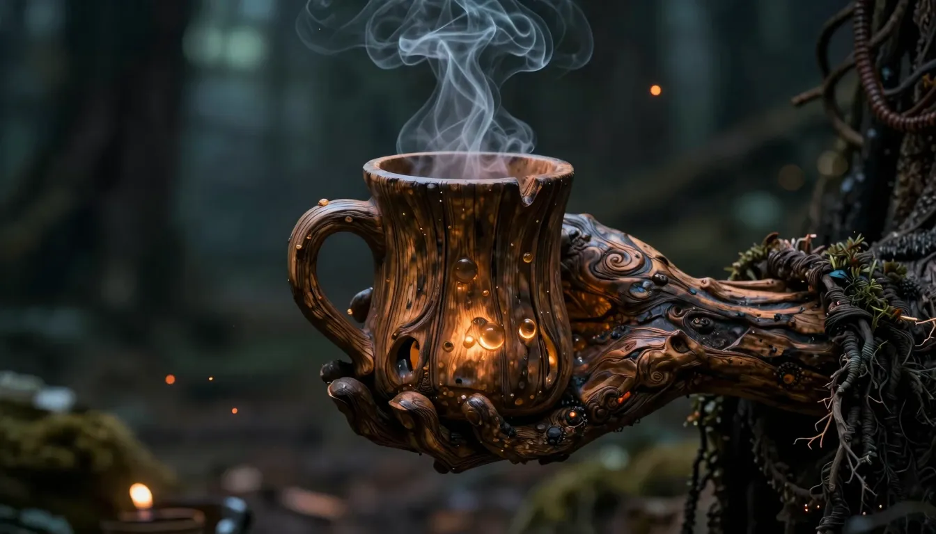A close-up of a gnarled, wooden hand of a forest spirit hold...