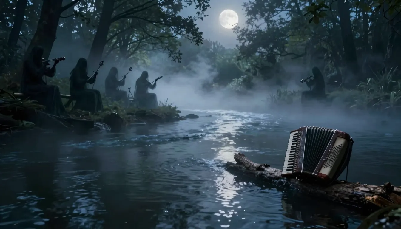 A mystical river covered in thick, layered smoke-like mist. ...