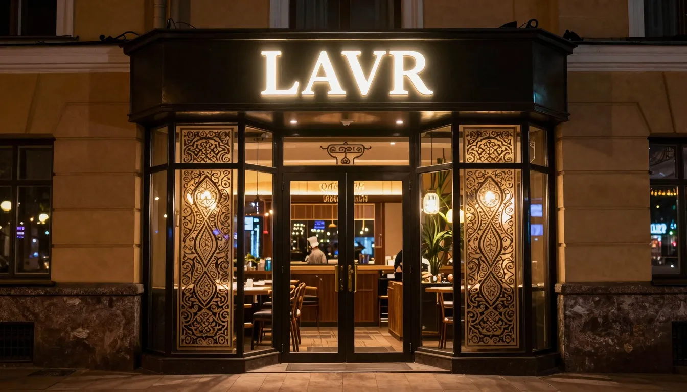 Night view of a restaurant entrance in the center of Saint P...