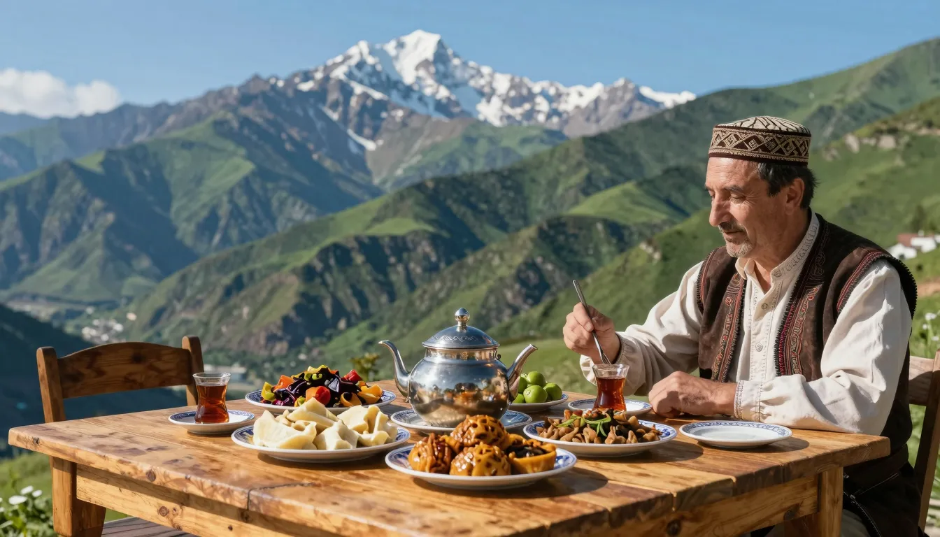 Traditional Dagestan hospitality, a wooden table with local ...