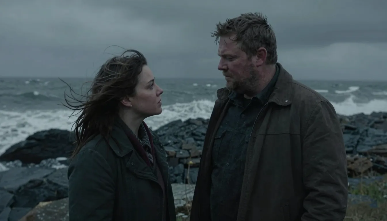 A raw, atmospheric scene on a stormy Atlantic coast. A woman...