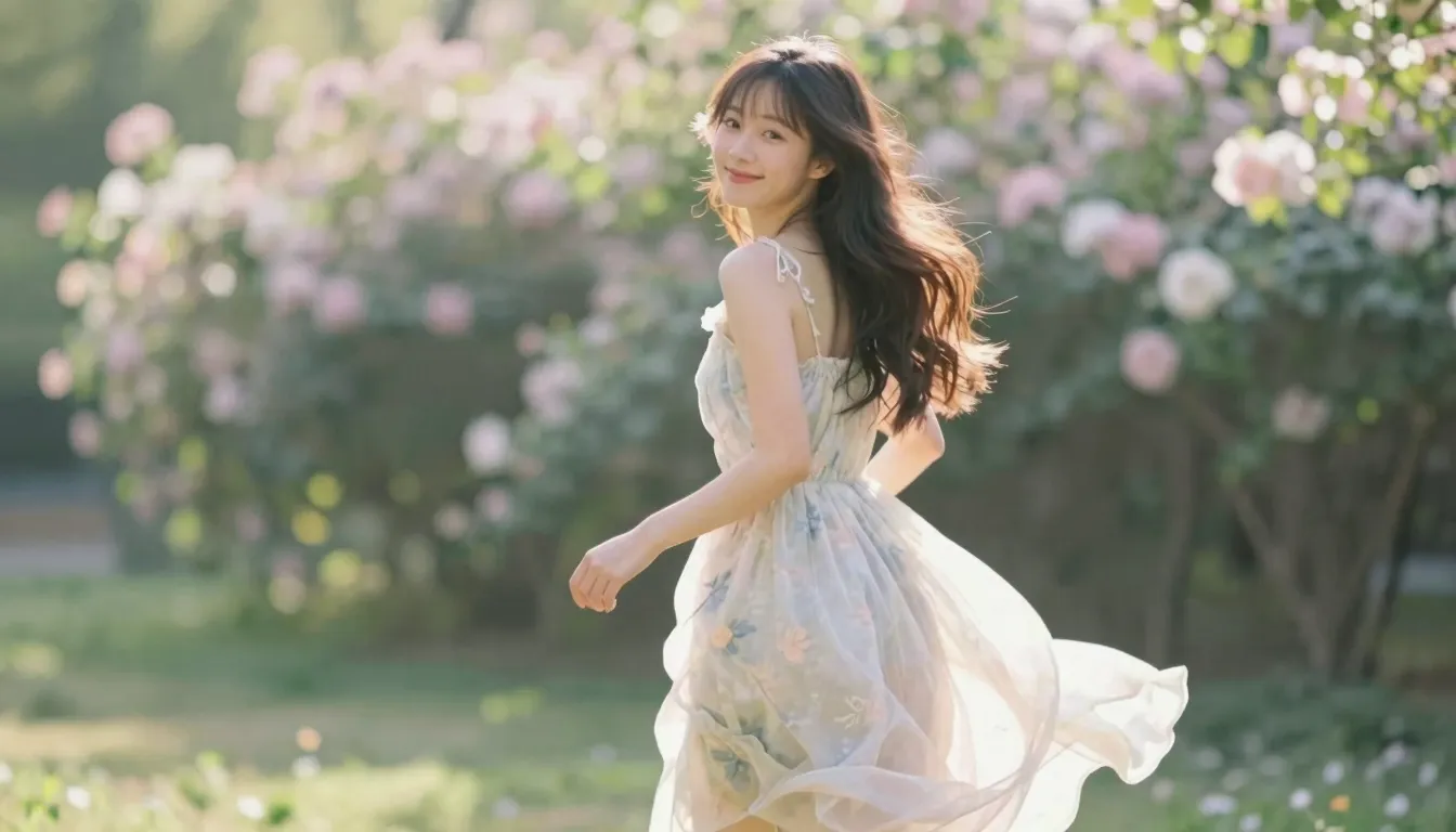 A beautiful young woman in a light, airy, flowing summer dre...