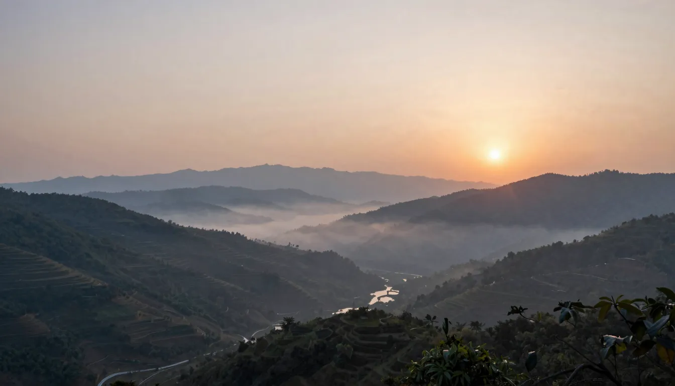 A serene and peaceful landscape with a soft sunrise over a q...