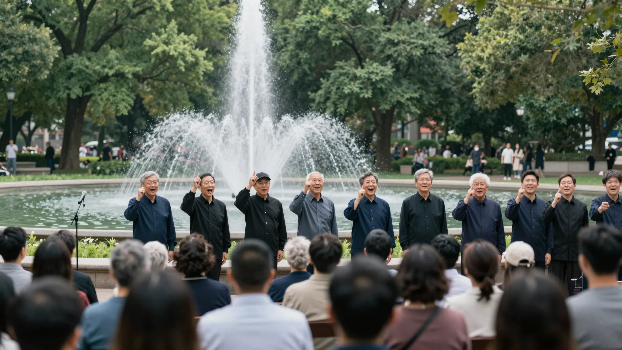 A choir of veterans performing in a green park with a founta...