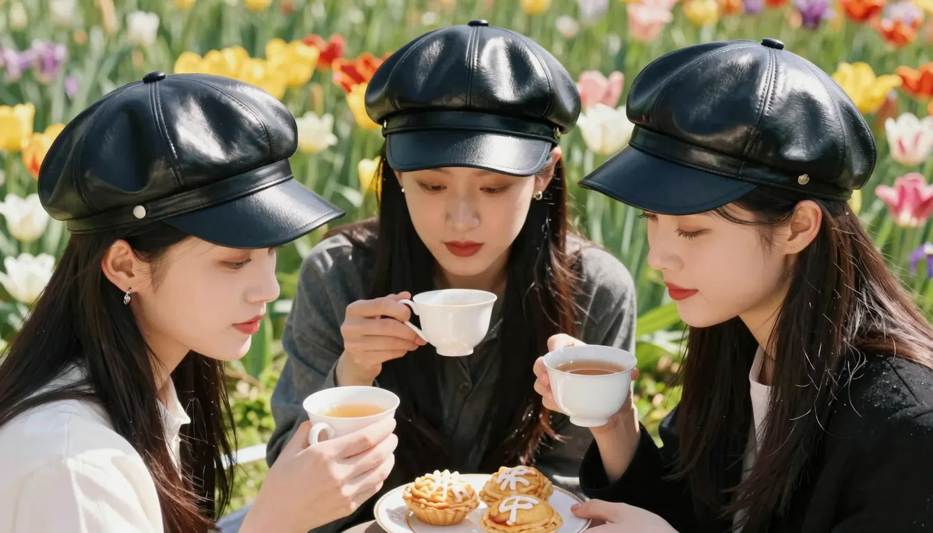 Three beautiful Chinese women sitting on a lush blooming mea...