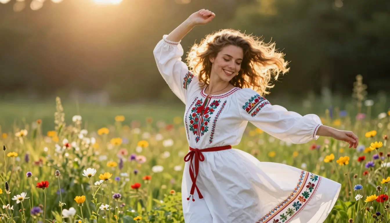 A joyful woman with a radiant smile dancing in a blooming su...