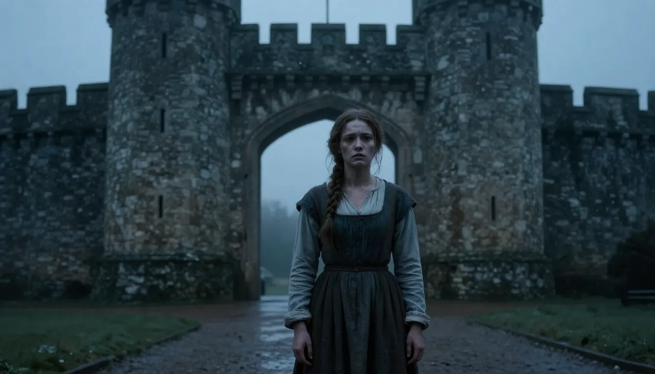 A young peasant woman in simple 16th-century French clothing...