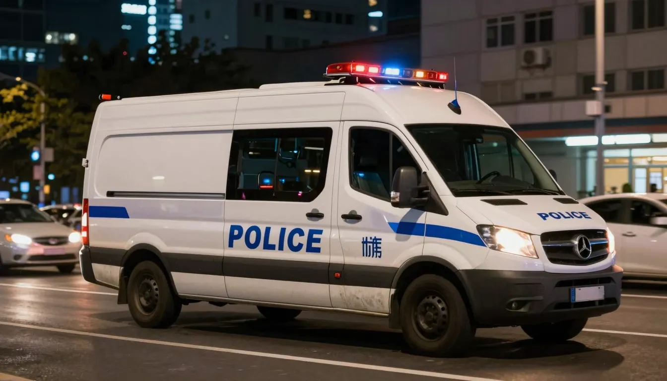 A police transport vehicle (автозак) driving past bright cit...