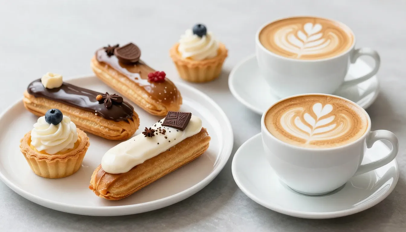 A beautiful display of handmade desserts like eclairs and ta...
