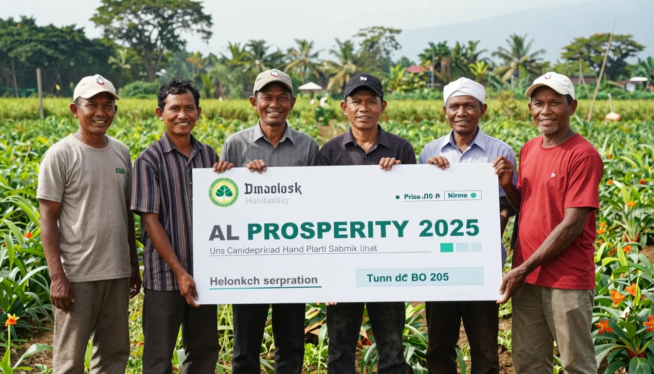 A group of smiling Indonesian farmers standing in a lush gre...