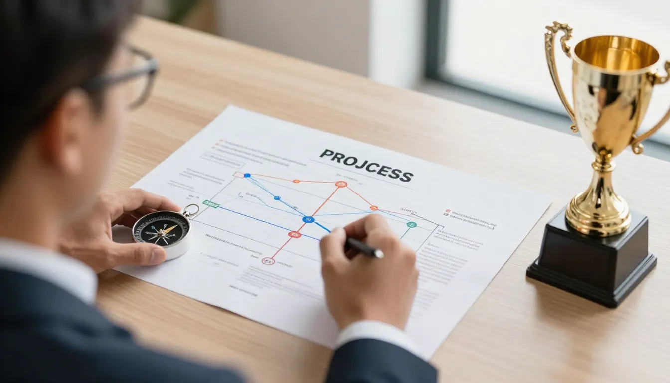 A professional desk with a project roadmap, a compass, and a...