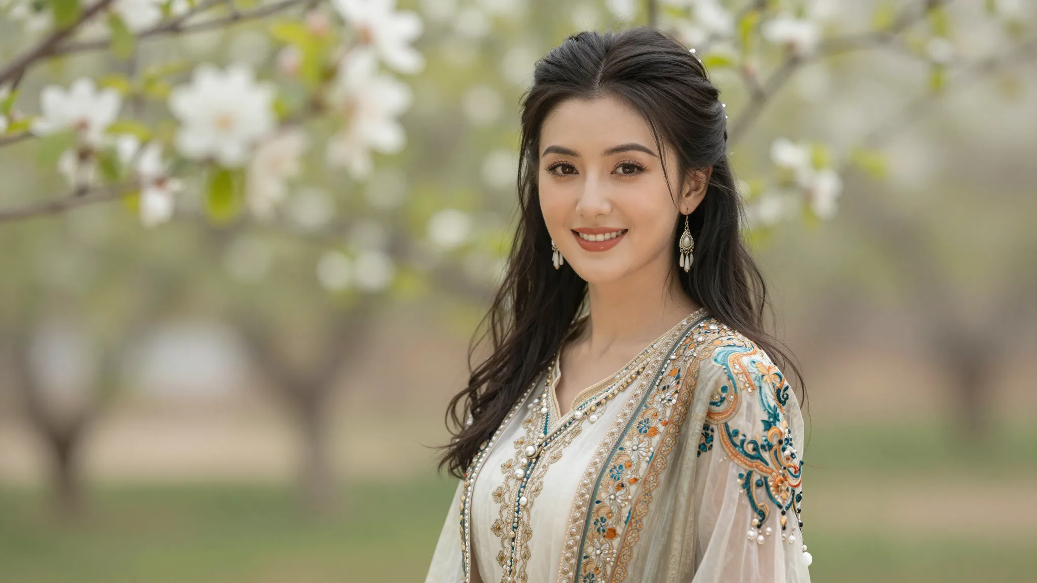 A beautiful Central Asian woman with a bright smile, standin...