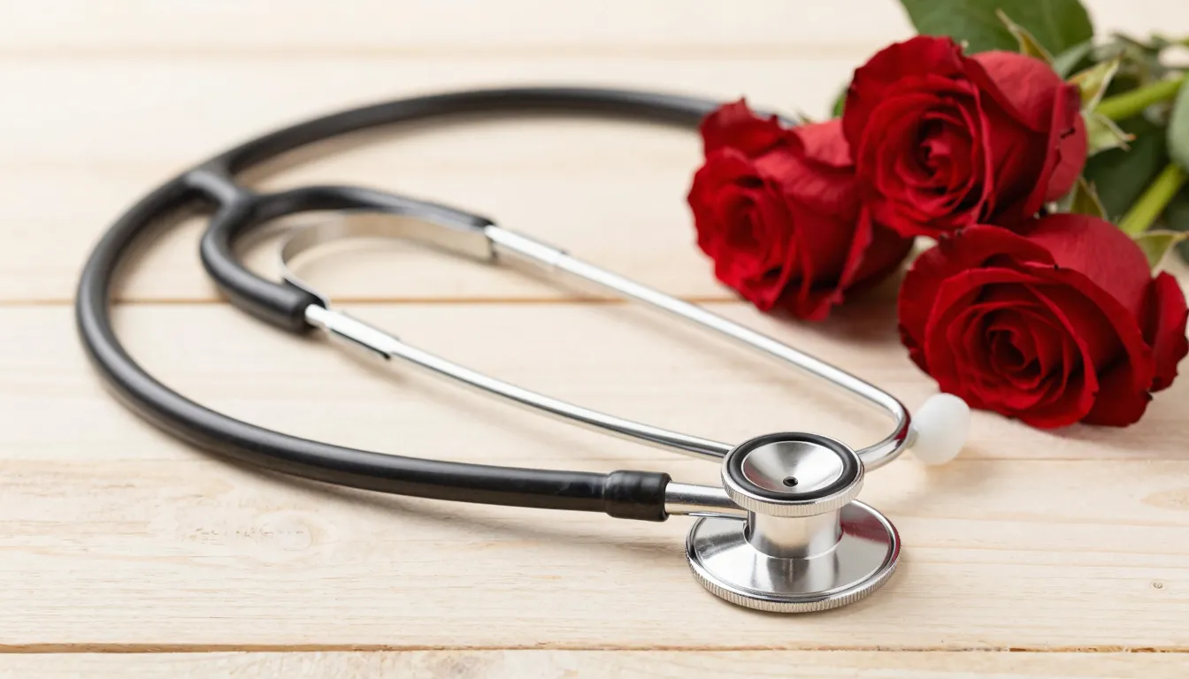 Festive medical theme with a stethoscope and red roses on a ...