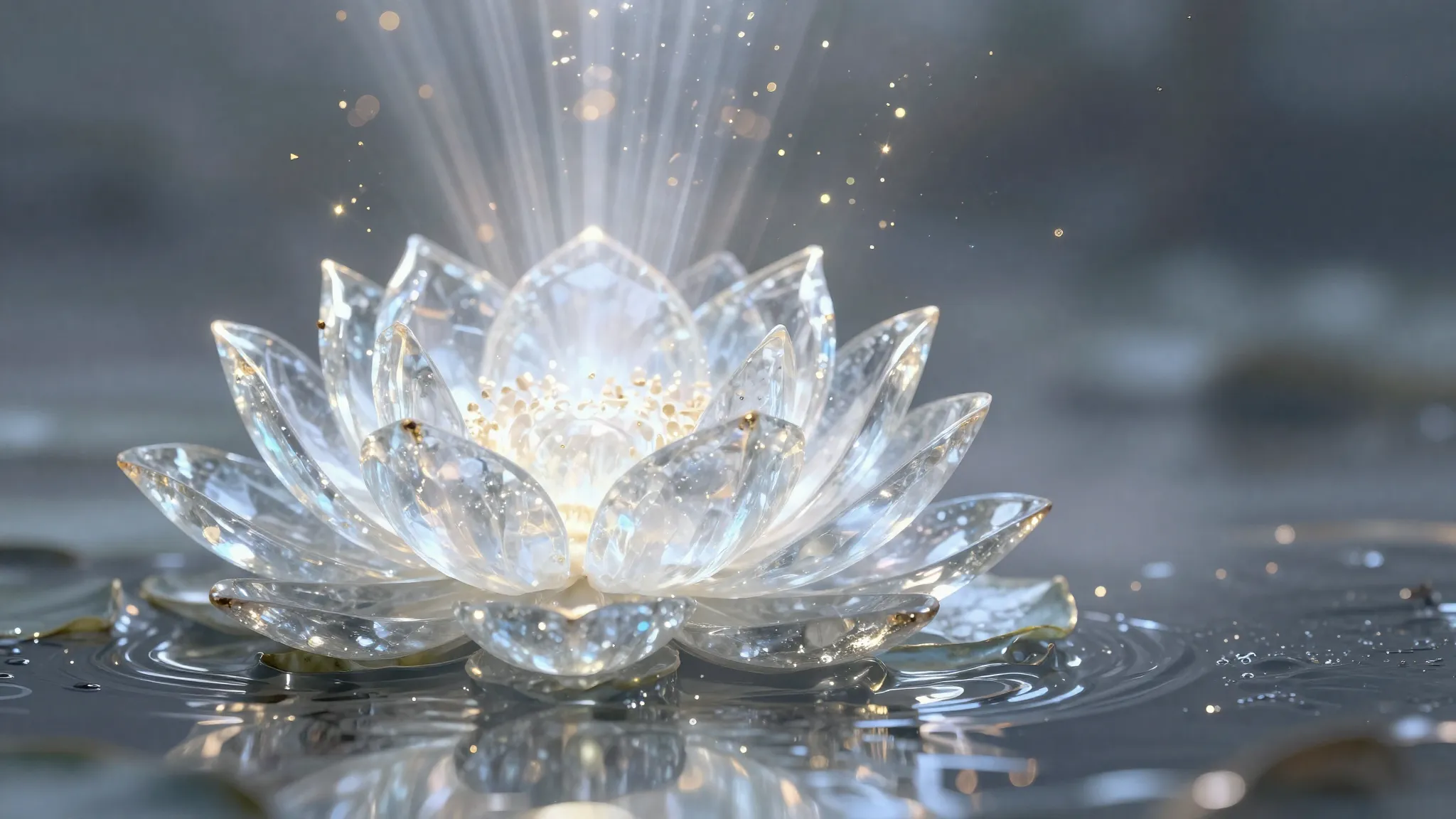 A majestic crystal lotus blooming from a pool of liquid silv...