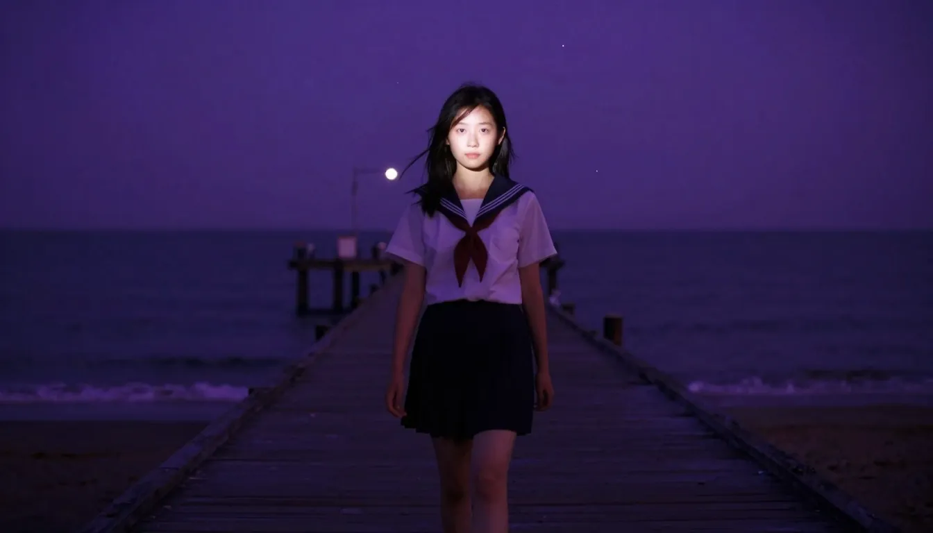 Cinematic long shot from the front, a girl with a calm emoti...