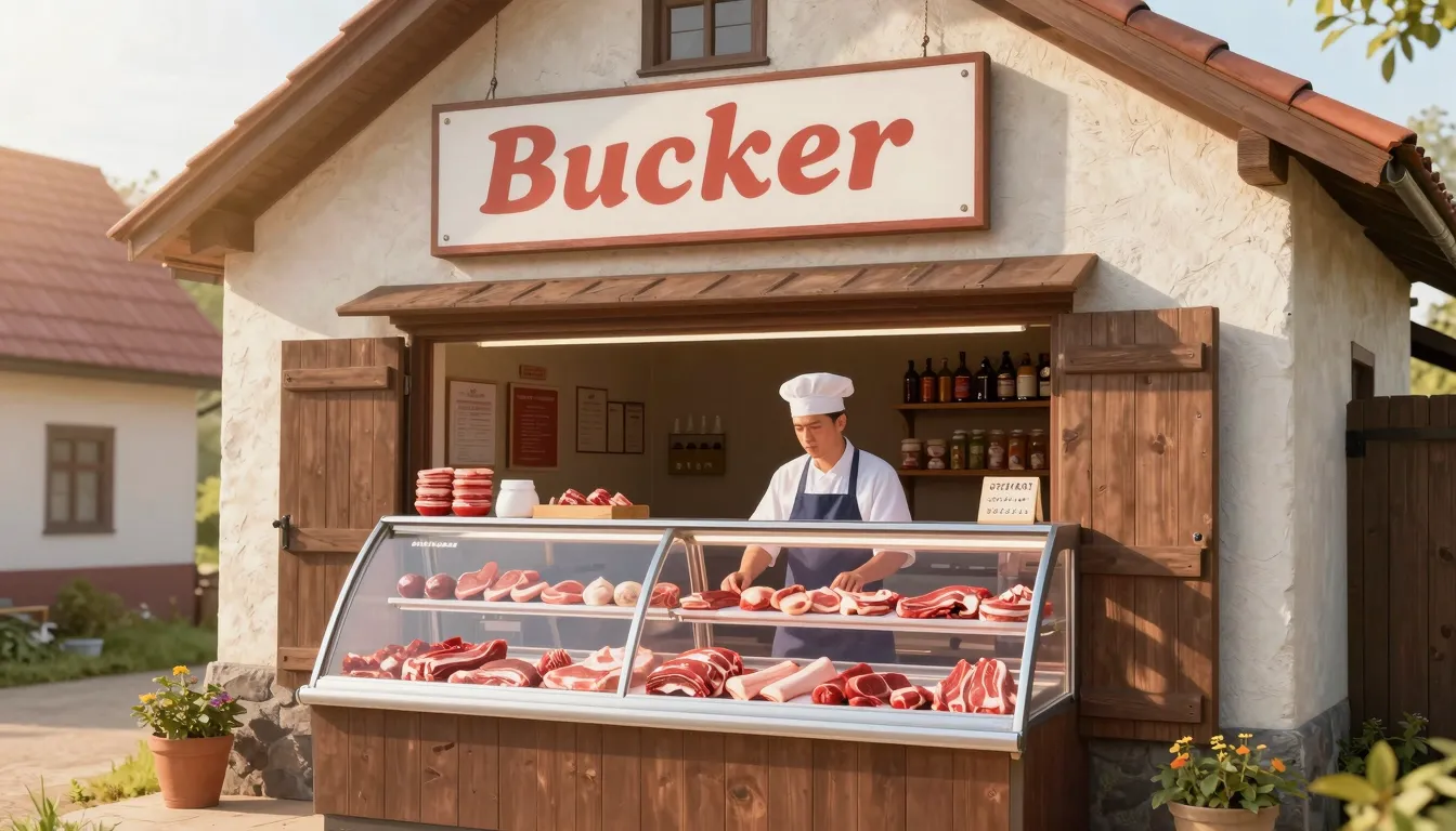 A friendly butcher shop sign in a small village setting, fre...