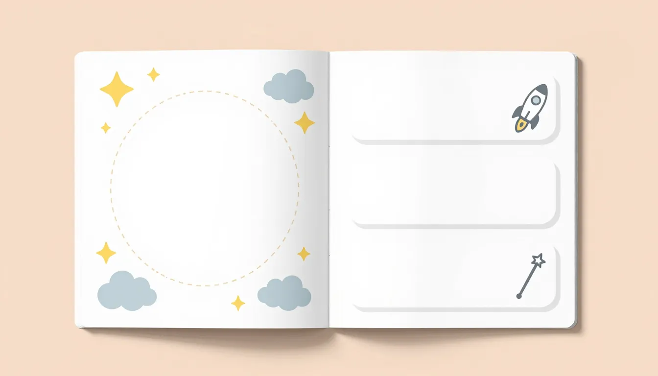 Flat 2D graphic design layout of a two-page spread for a chi...