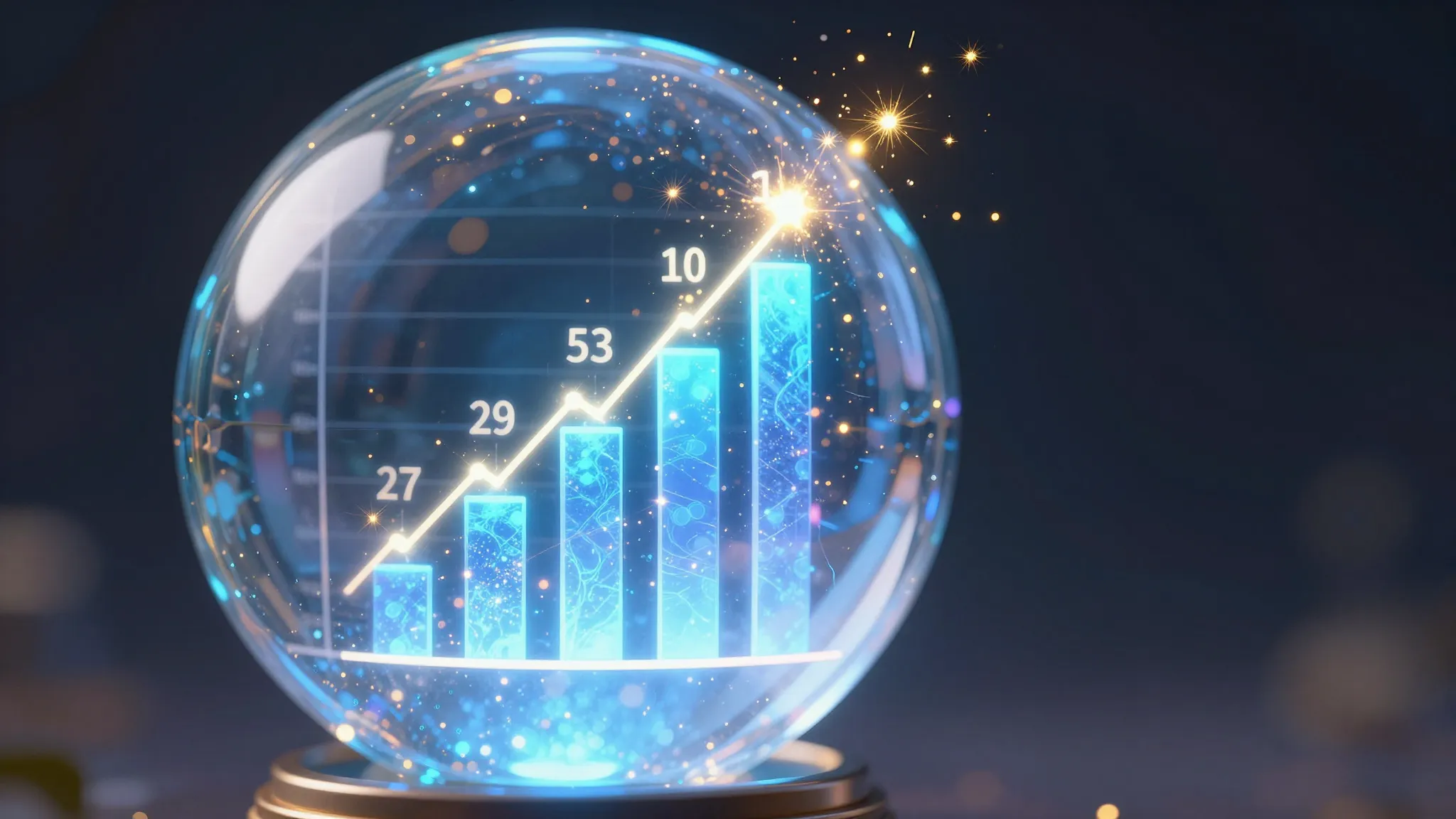 A magical crystal ball showing a glowing bar chart with risi...