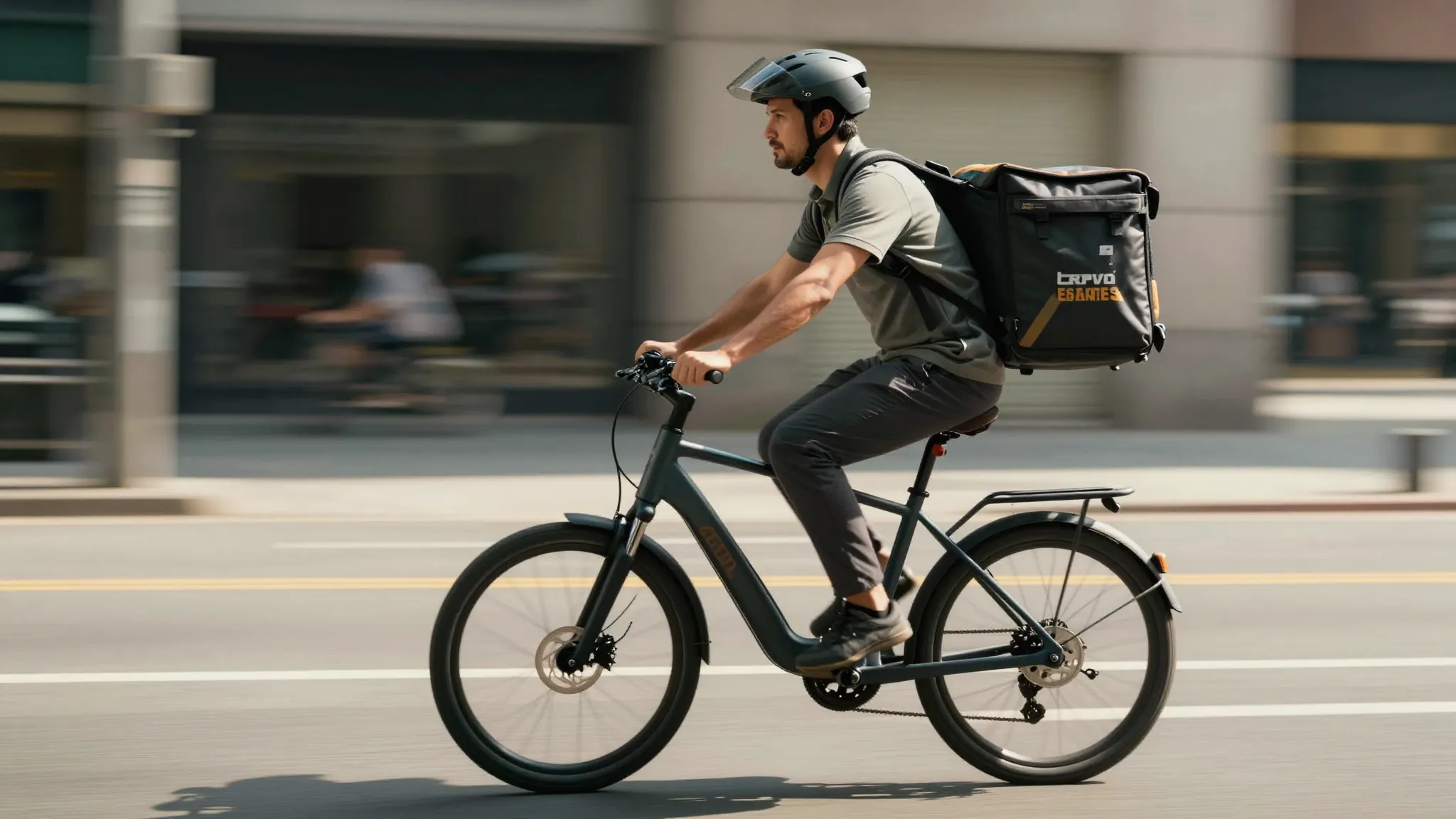 A professional courier on a modern electric bike with a deli...