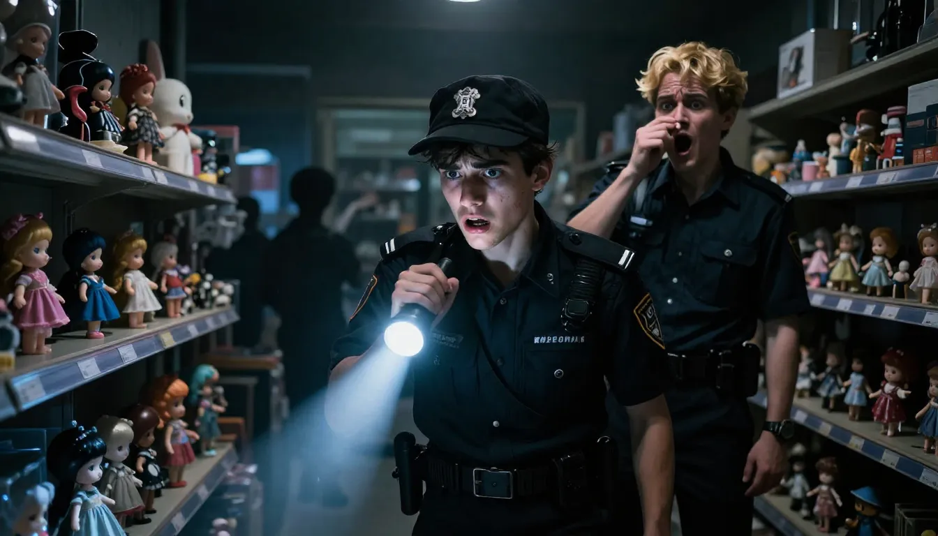 A dramatic scene in a dark toy store. One young security gua...