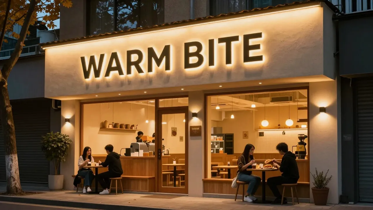 Modern cozy street food cafe exterior, warm glowing sign wit...