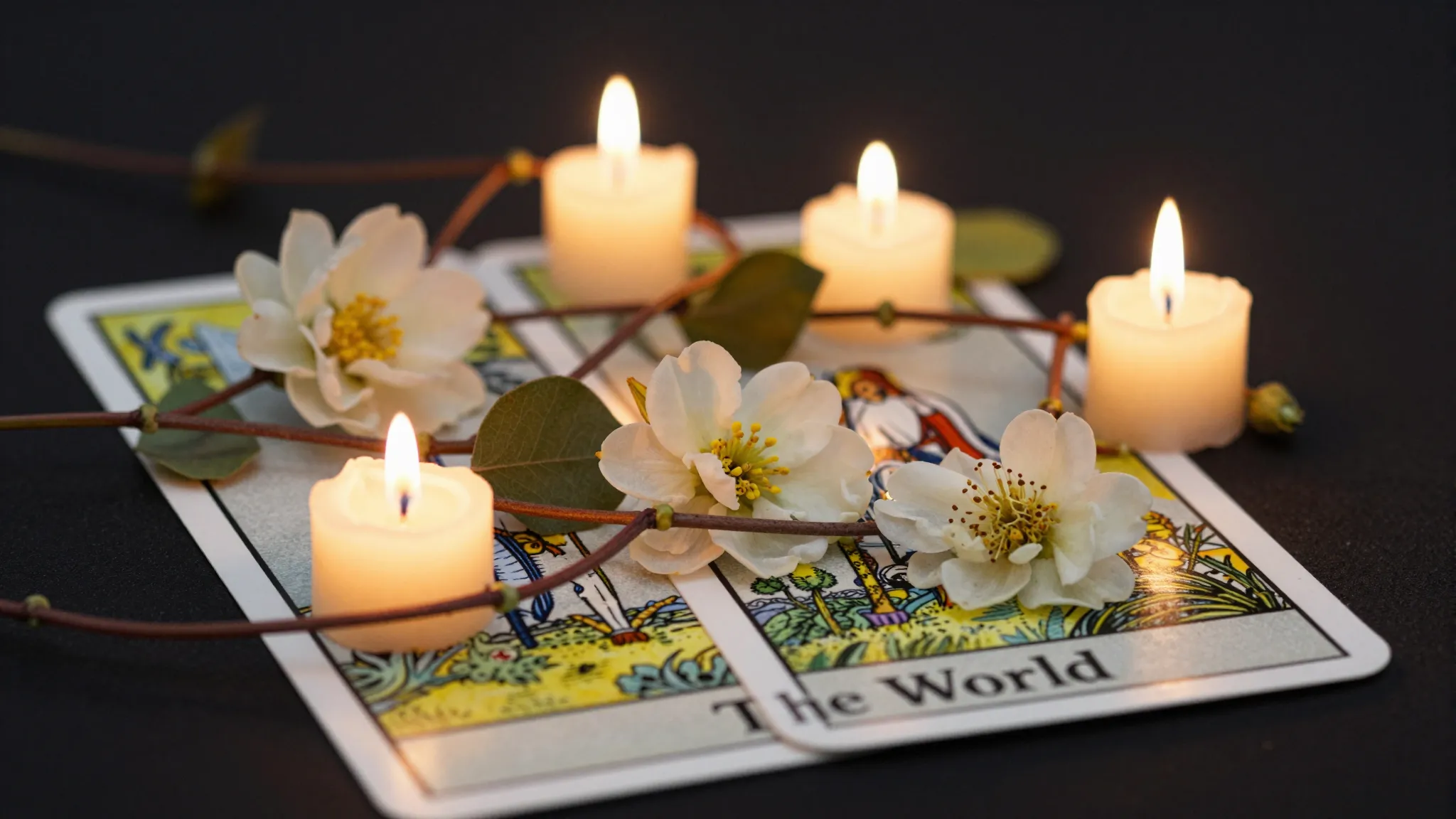 Close-up of 'The World' tarot card on a dark surface, real b...