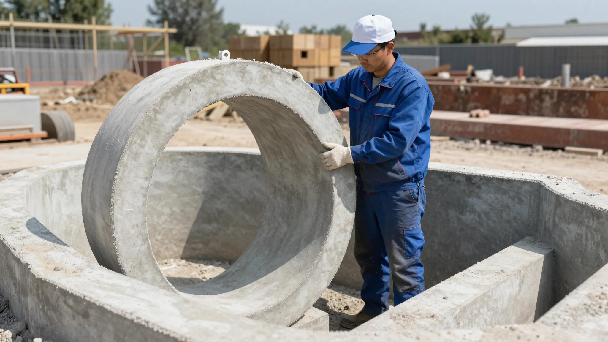 A professional worker in a modern uniform installing a concr...