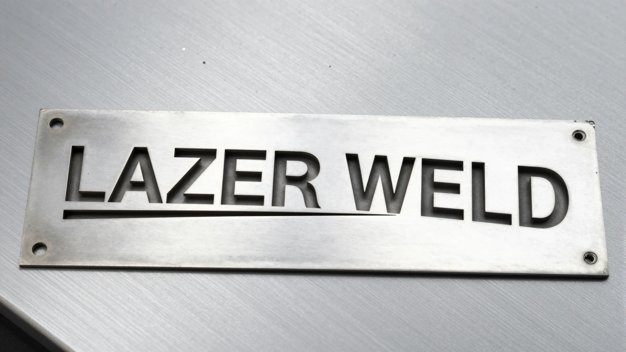 A metal stencil plate with the text 'LAZER WELD' and a spark...