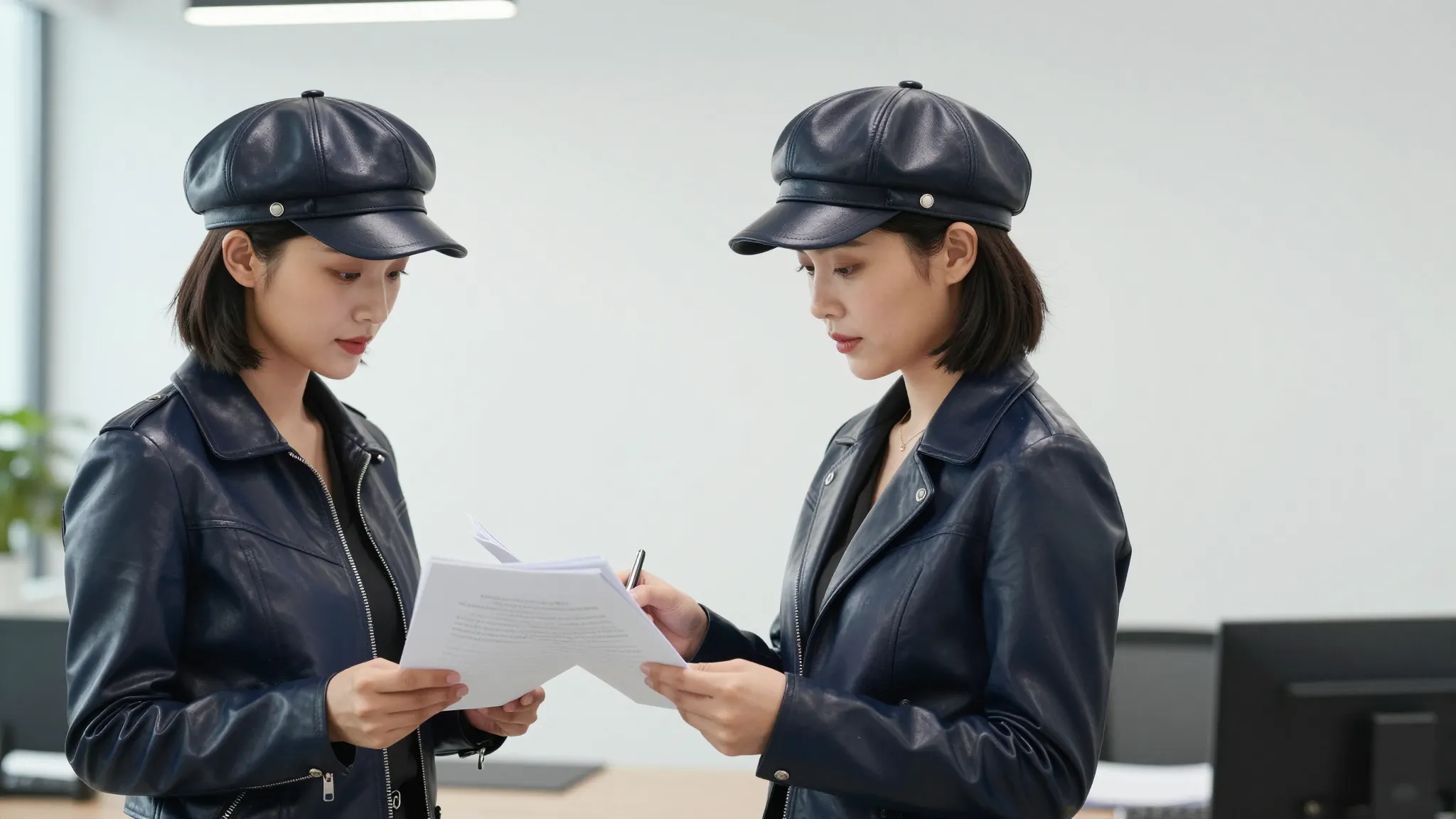 Two identical professional Chinese women in a modern minimal...