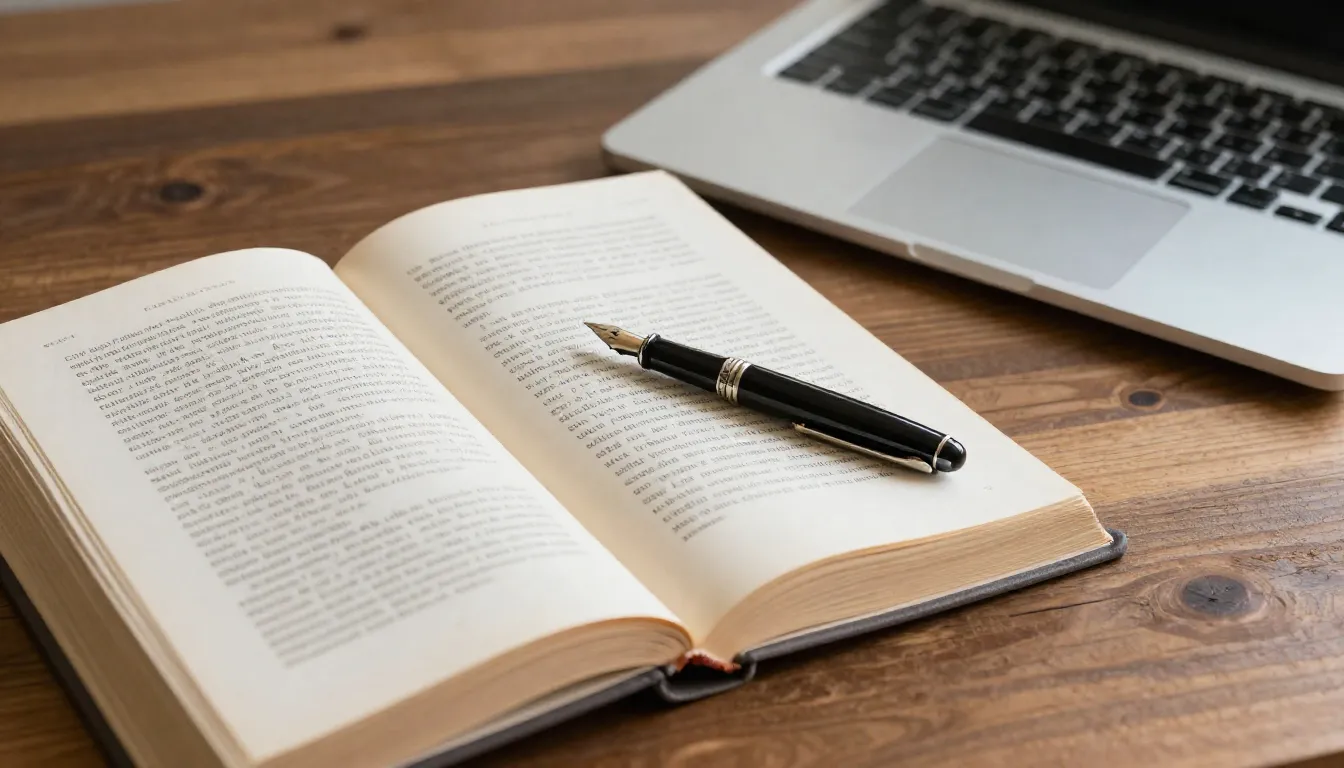 A stylish aesthetic composition with an open old book, a fou...