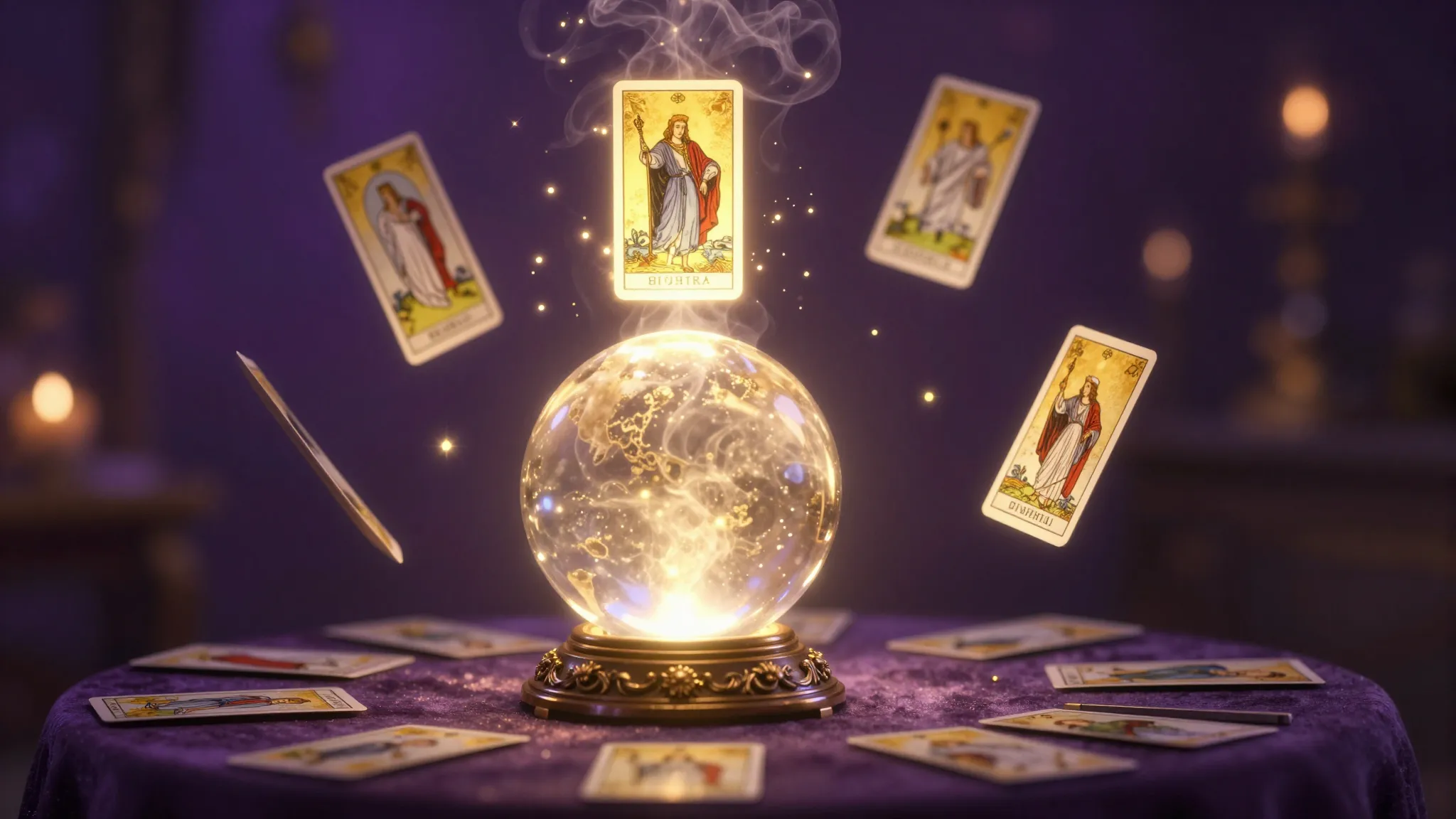 Cinematic vertical shot of a mystical fortune teller's table...