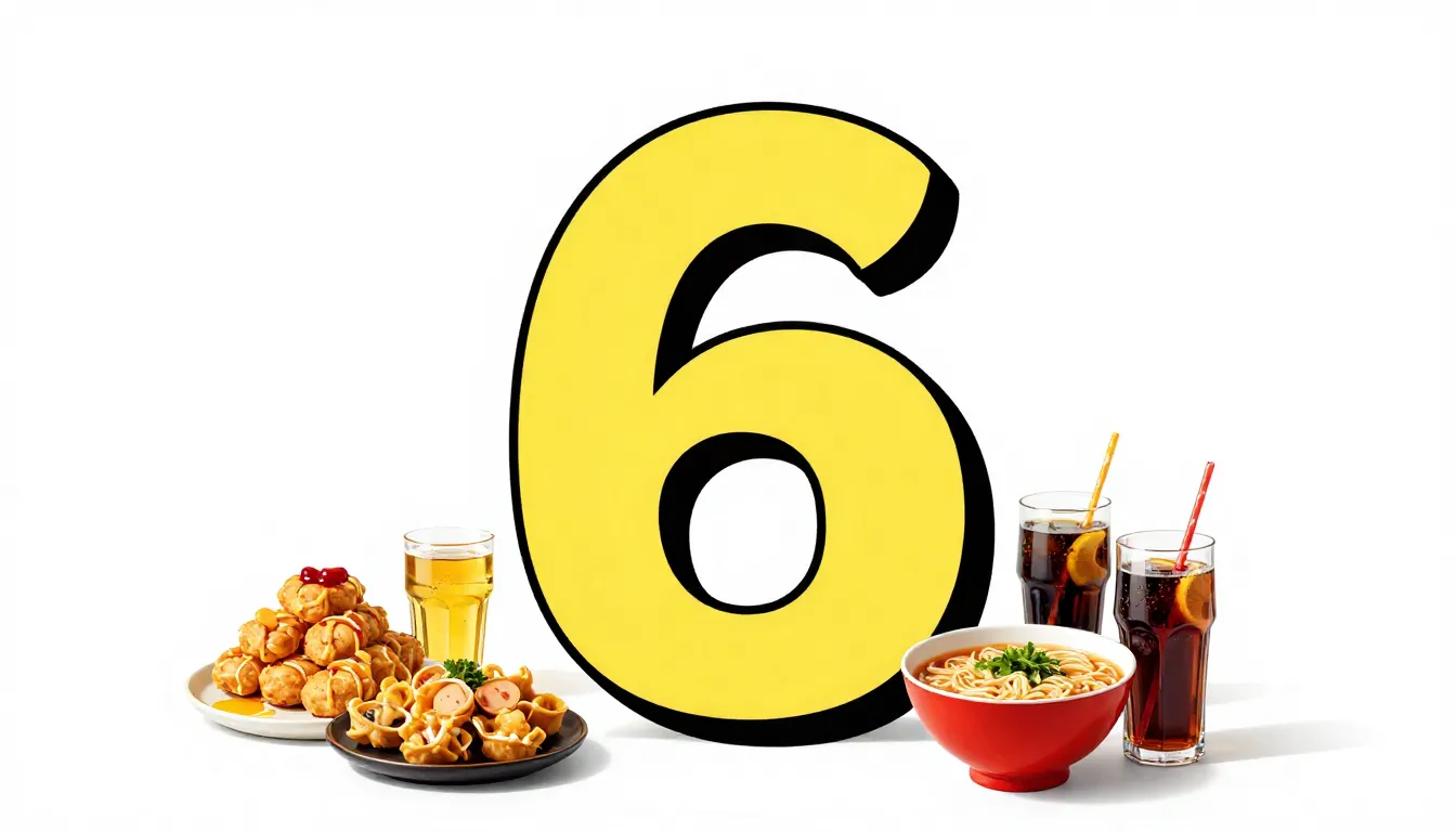 Minimalist poster design with a large number 6, surrounded b...