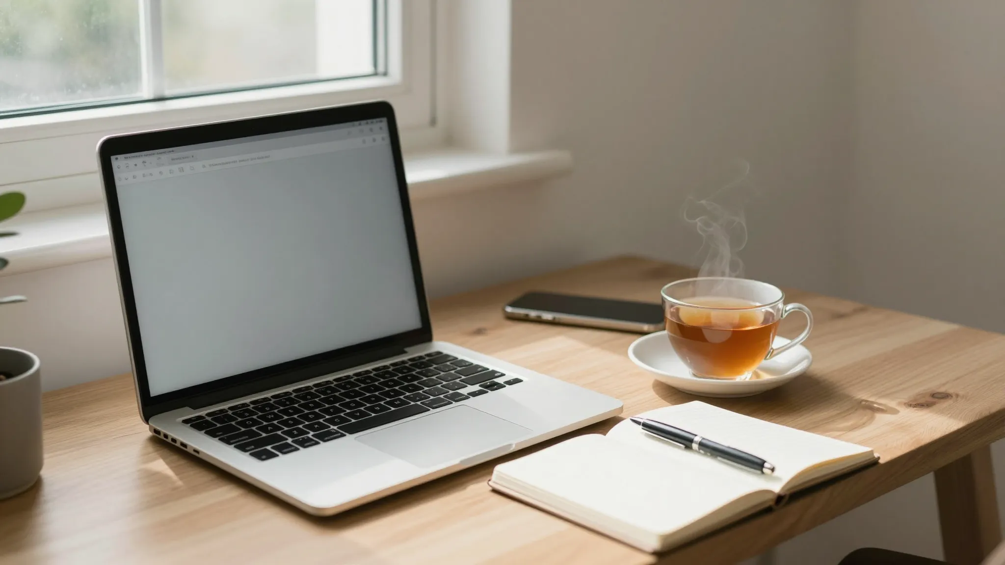 A cozy and modern creative workspace with a laptop, a notebo...